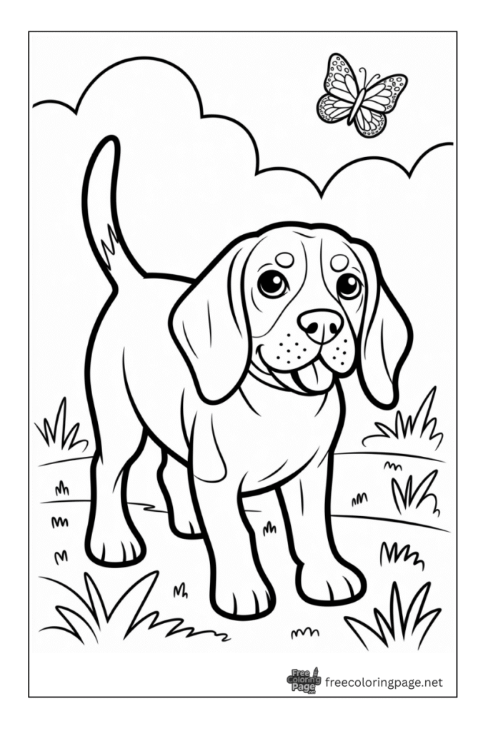 coloring page of beagle dog in garden 
