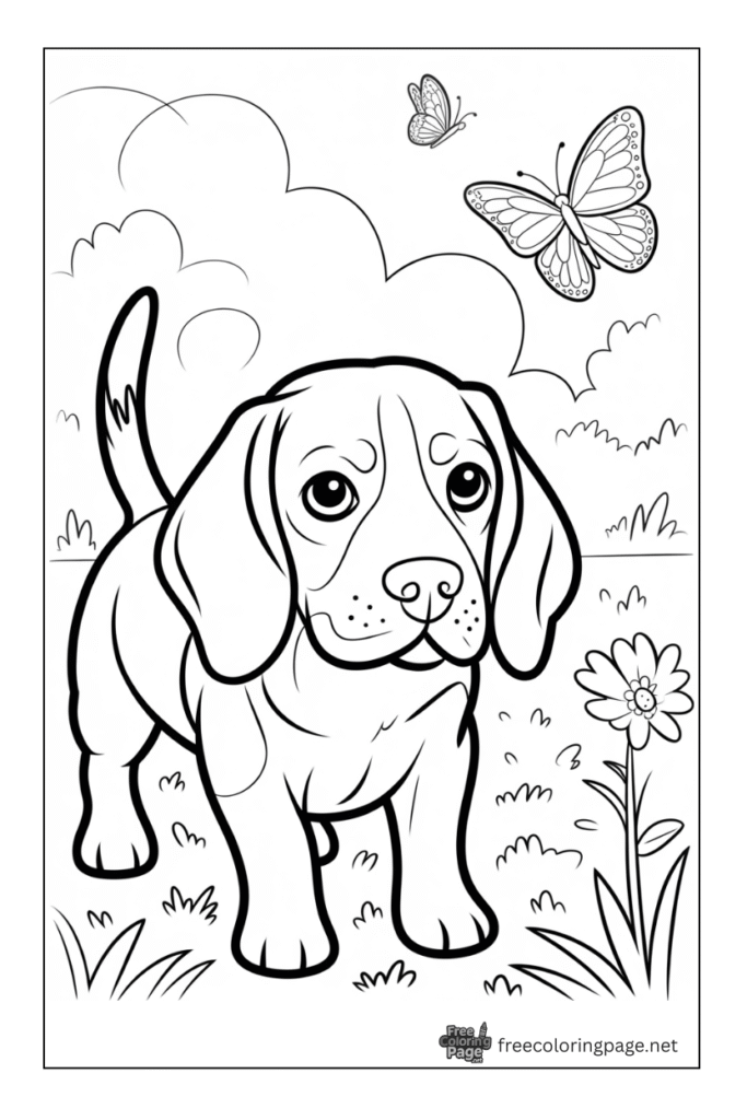 coloring page of dog and butterflies flying over his head