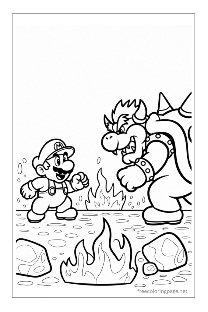 coloring pages of mario and bowser in fight scene