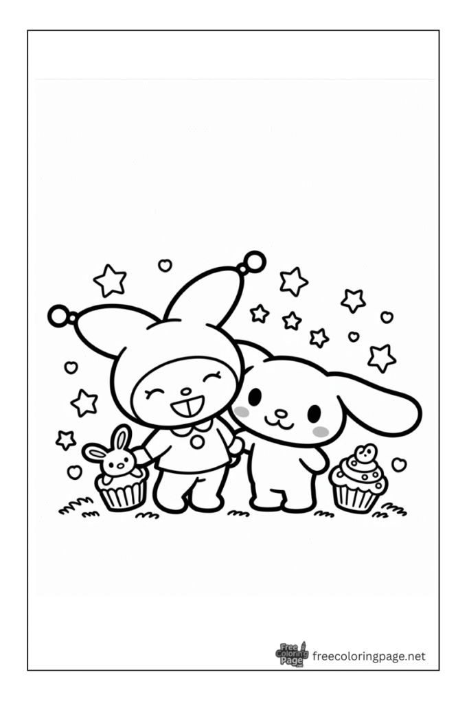 coloring page of kuromi and cinnamorolls happy