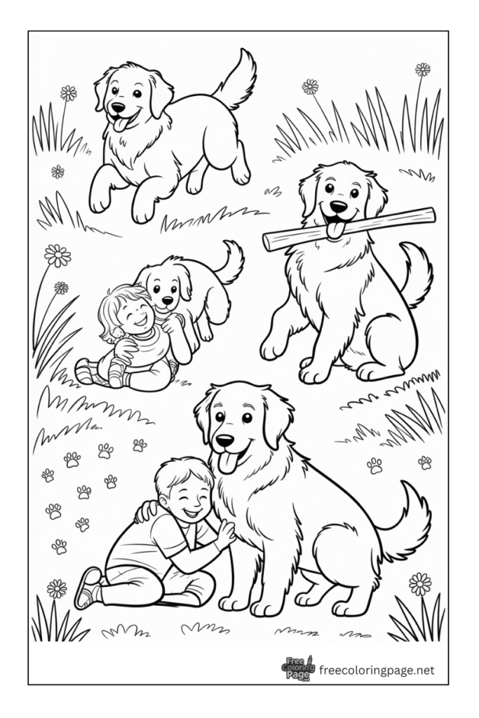 coloring page of dog with kid playing