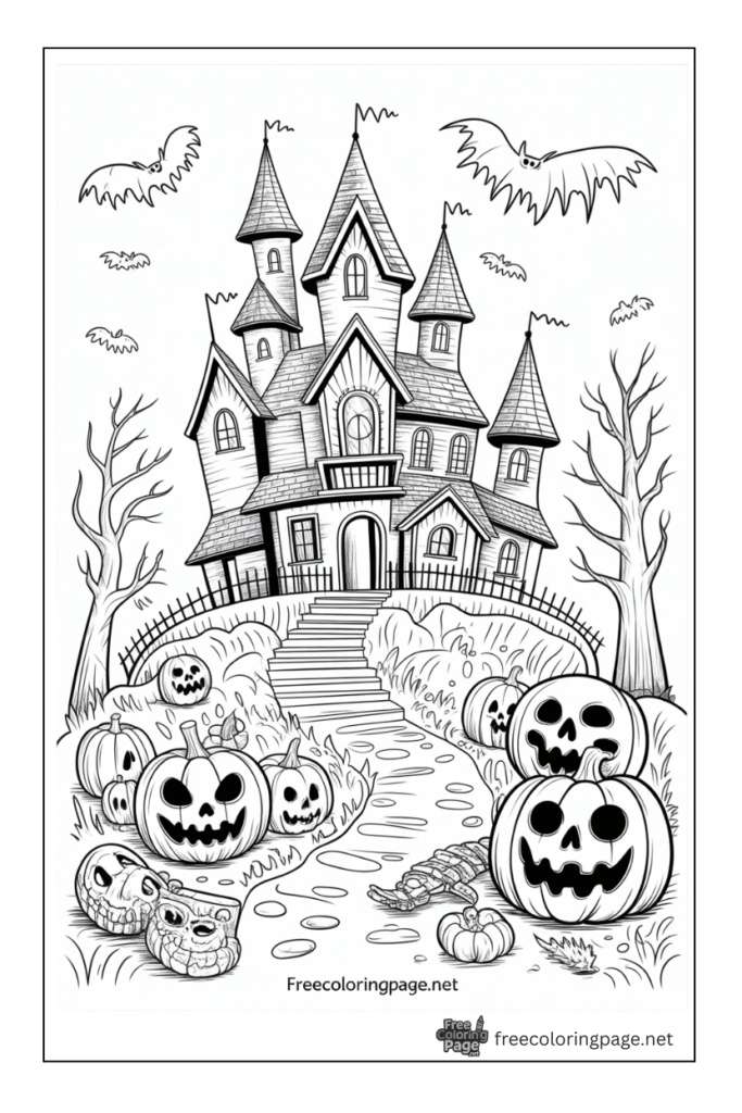 halloween coloring page haunted haouse and pumpkins along way