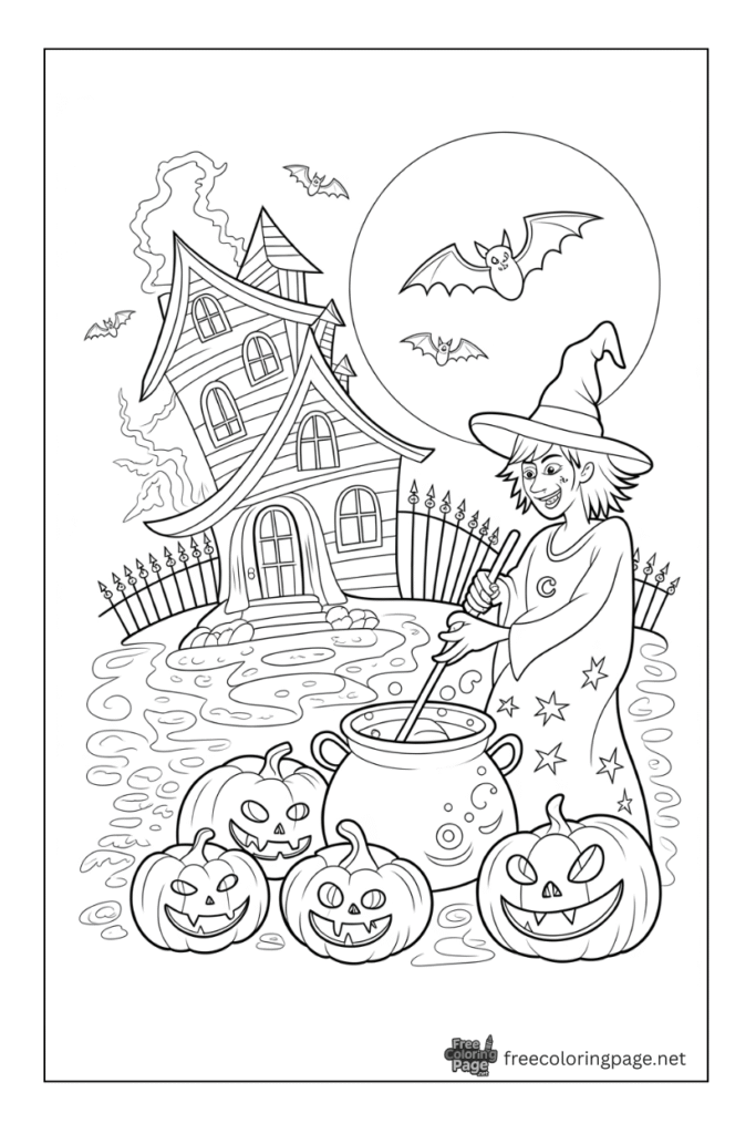 halloween coloring page of witch haunted house bats