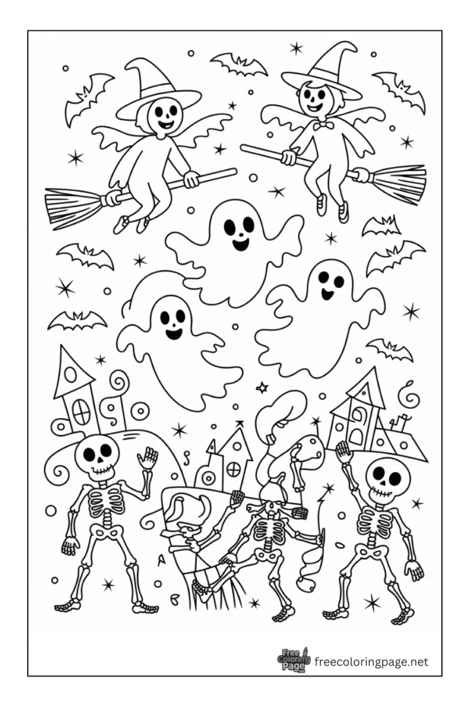 halloween coloring page witches ghosts and skeletons