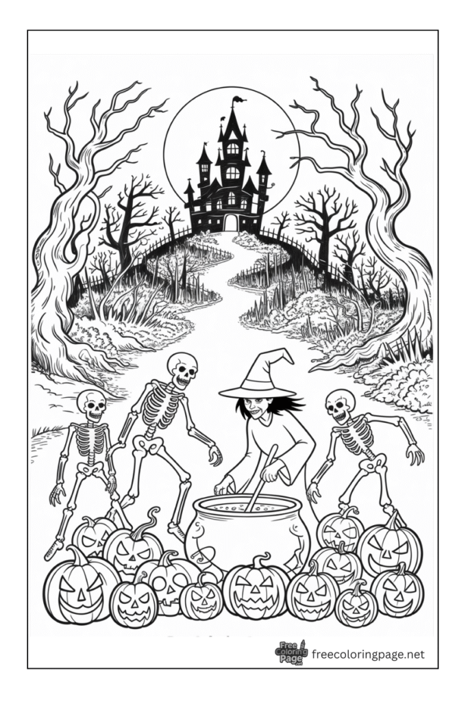 halloween coloring page witches and skeletons in jungle