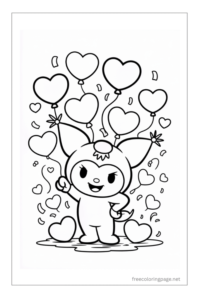coloring page of kuromi with heart baloons