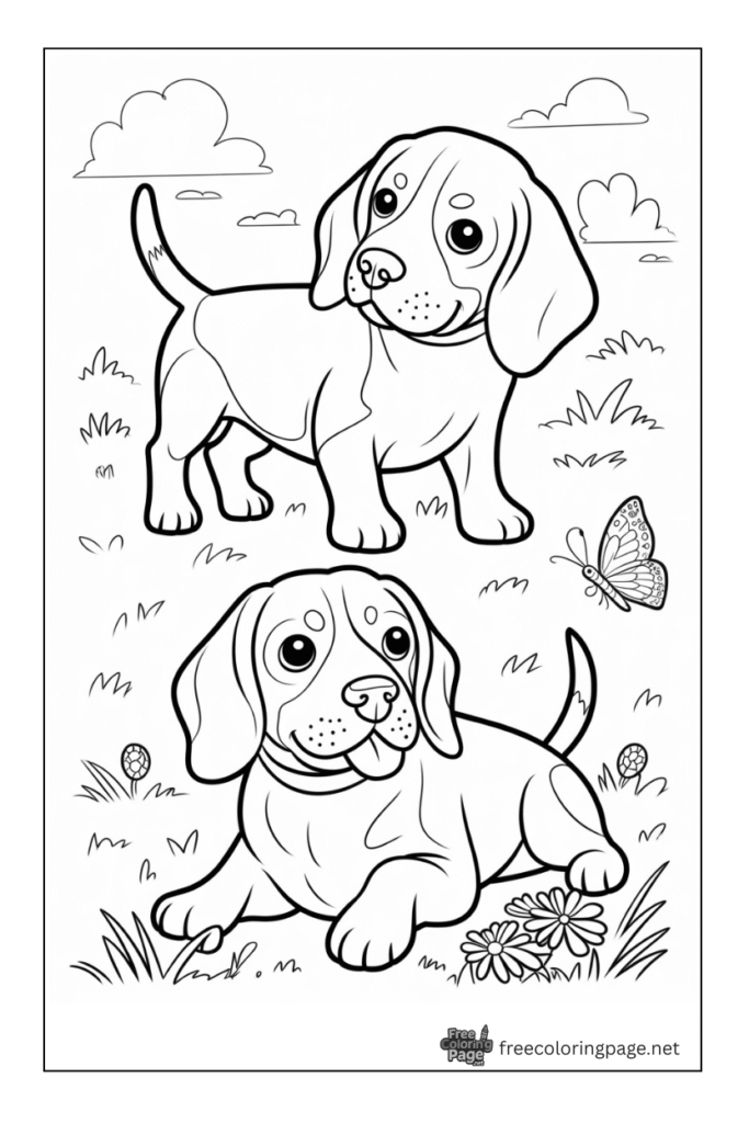 coloring page of pupp dog playing with butterfly