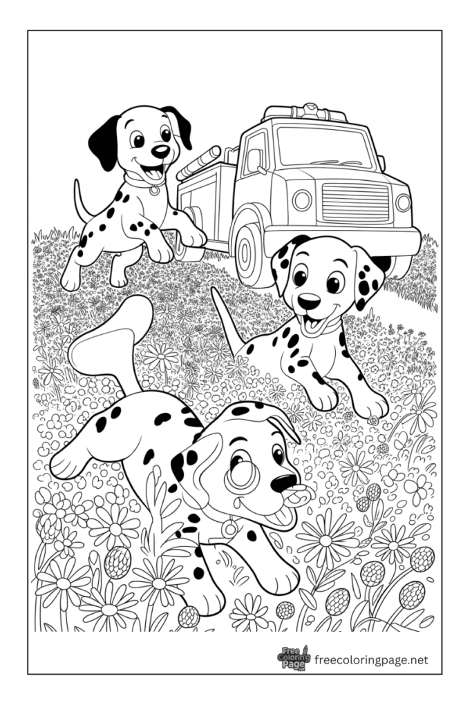 coloring page of dalmatian dog puppies playing together