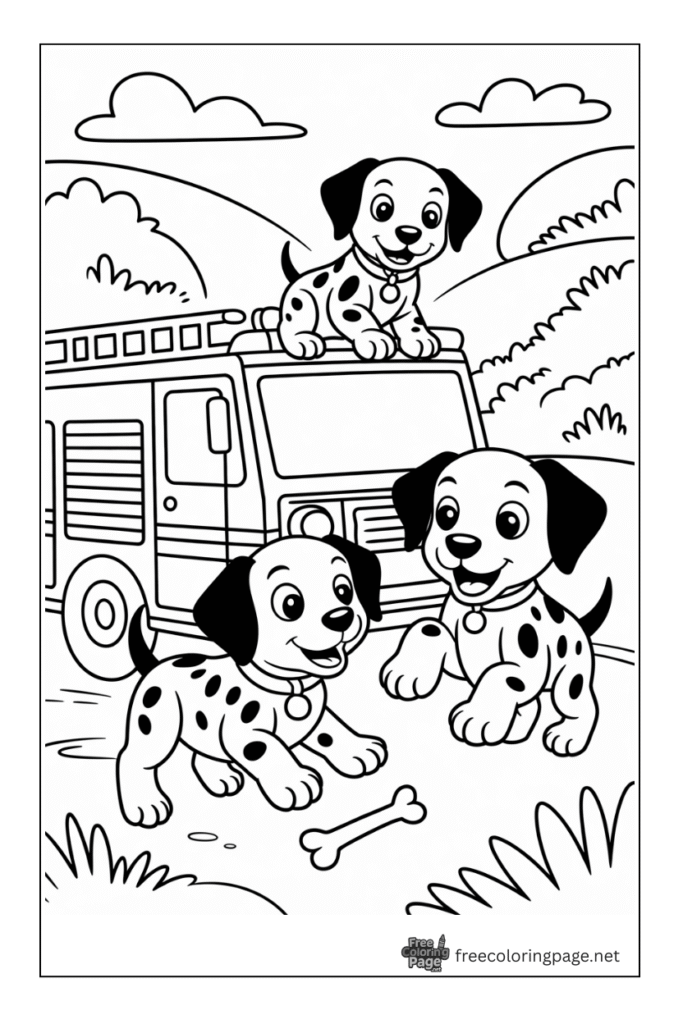 coloring page of dalmatian dog on road with bone