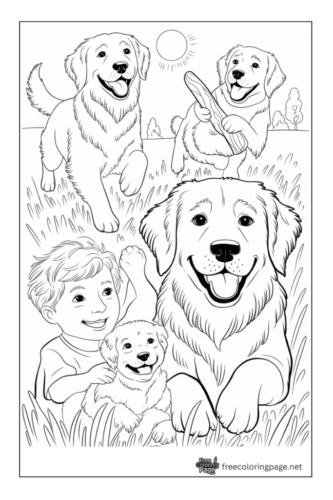 coloring page of dogs and kids playing