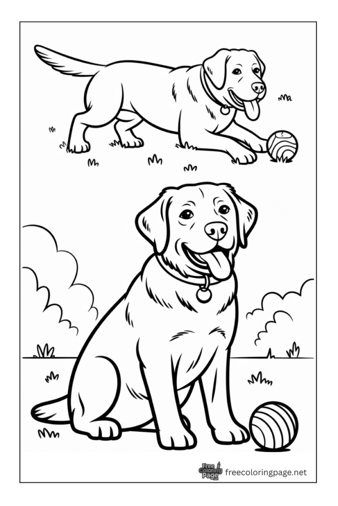 coloring page of dogs plying with ball