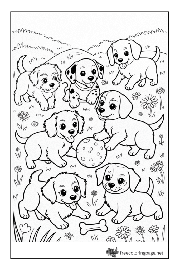 coloring page of dog playing together