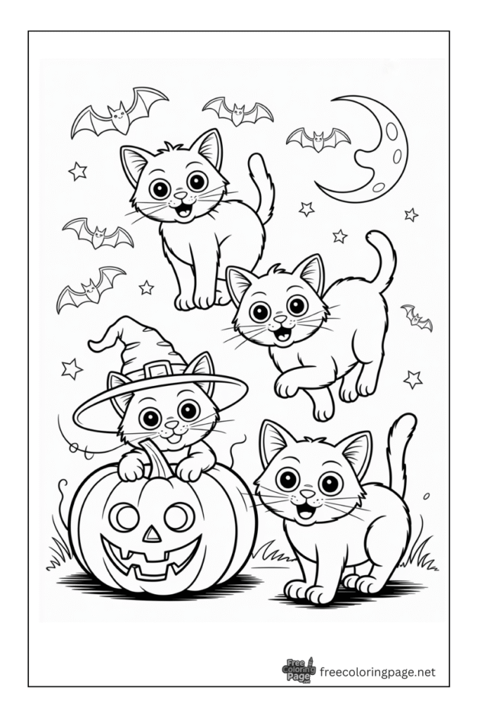 halloween coloring page cats bats pumpkin