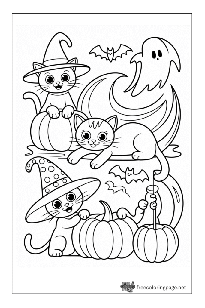halloween coloring page cats and pumpkin