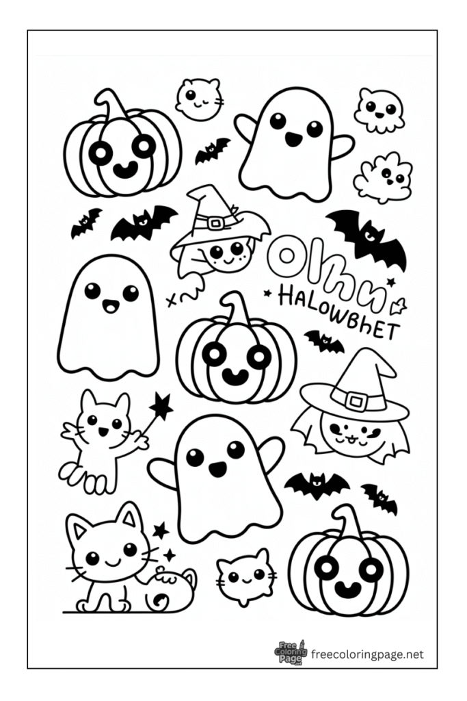 halloween coloring page cat witch ghosts pumpkin