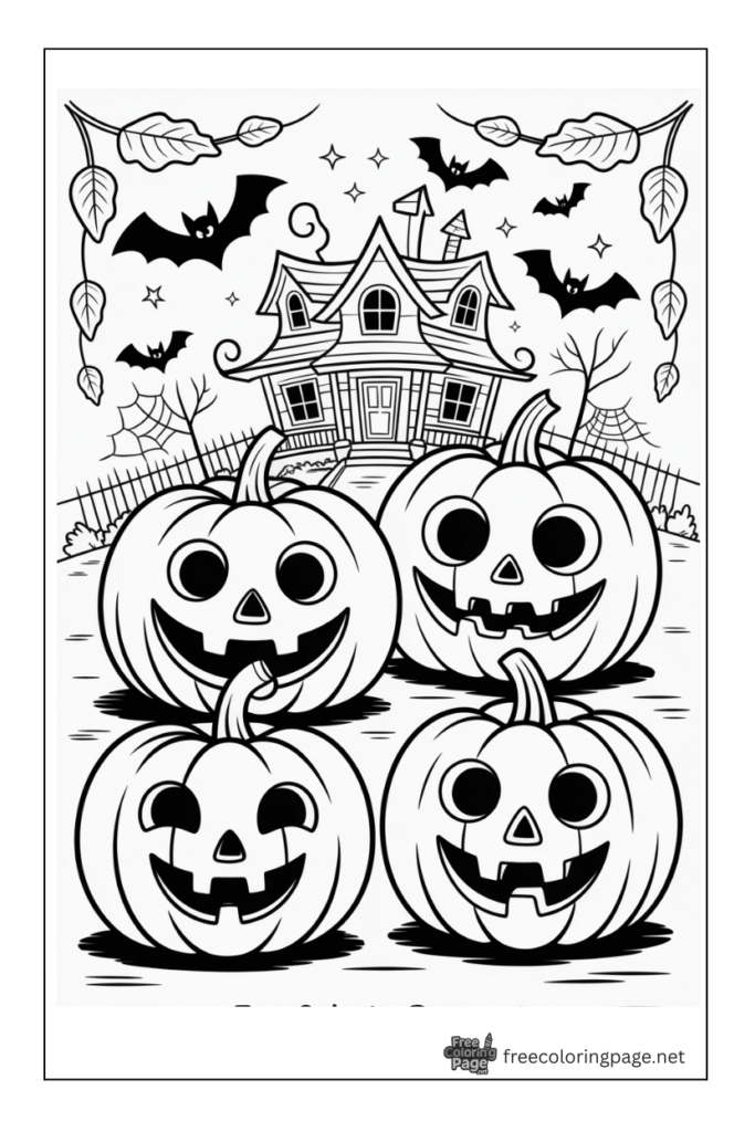 halloween coloring page bats flying on haunted house pumpkins