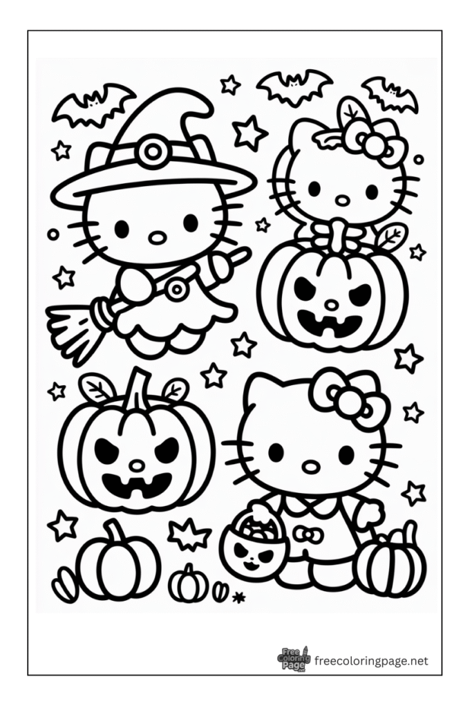 halloween coloring page hello kitty with pumpkins 