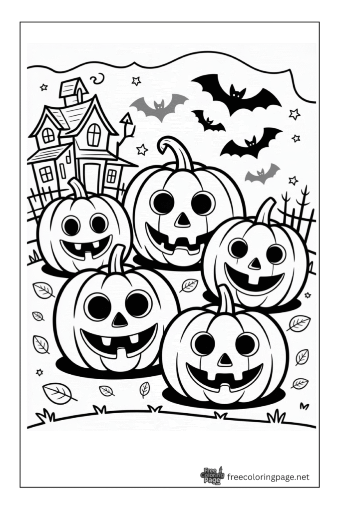 halloween coloring page pumkins and haunted house bats