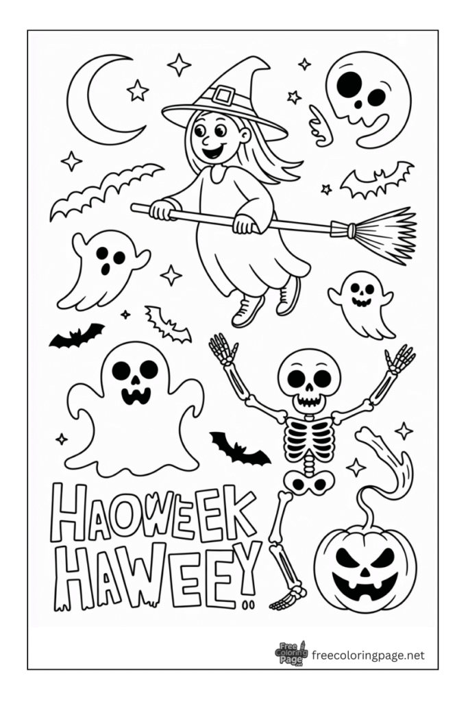 halloween coloring page witch ghosts bats skeleton