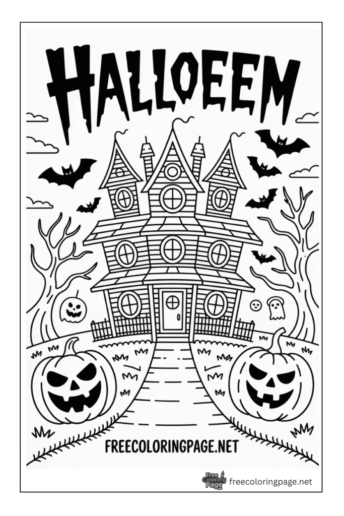 halloween coloring page haunted house and pumpkins