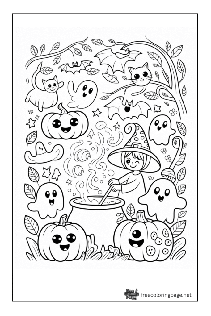 halloween coloring page witch trees pumpkins