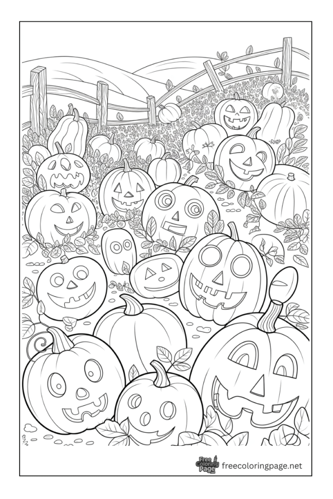 halloween coloring page of pumpkins farm