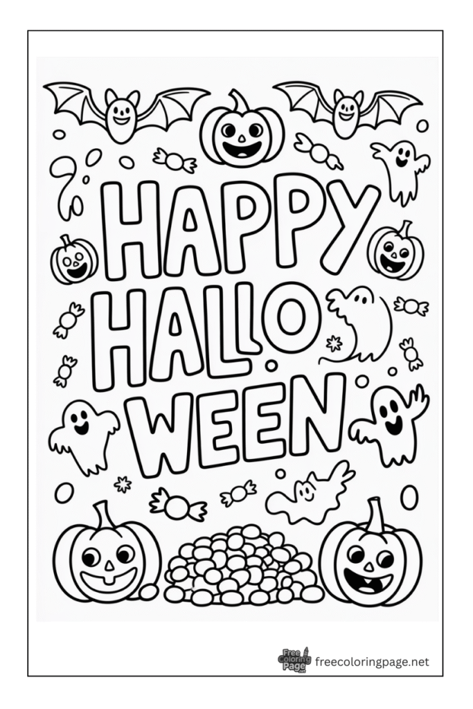 halloween coloring page bats and pumpkin happy halloween