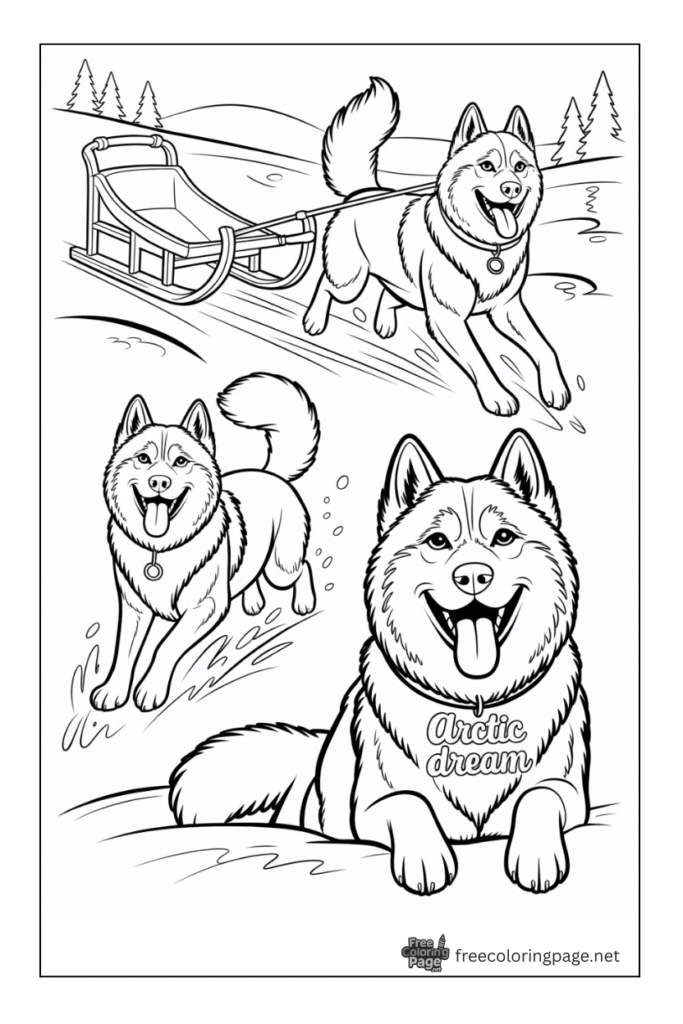 coloring page of group of husky dogs