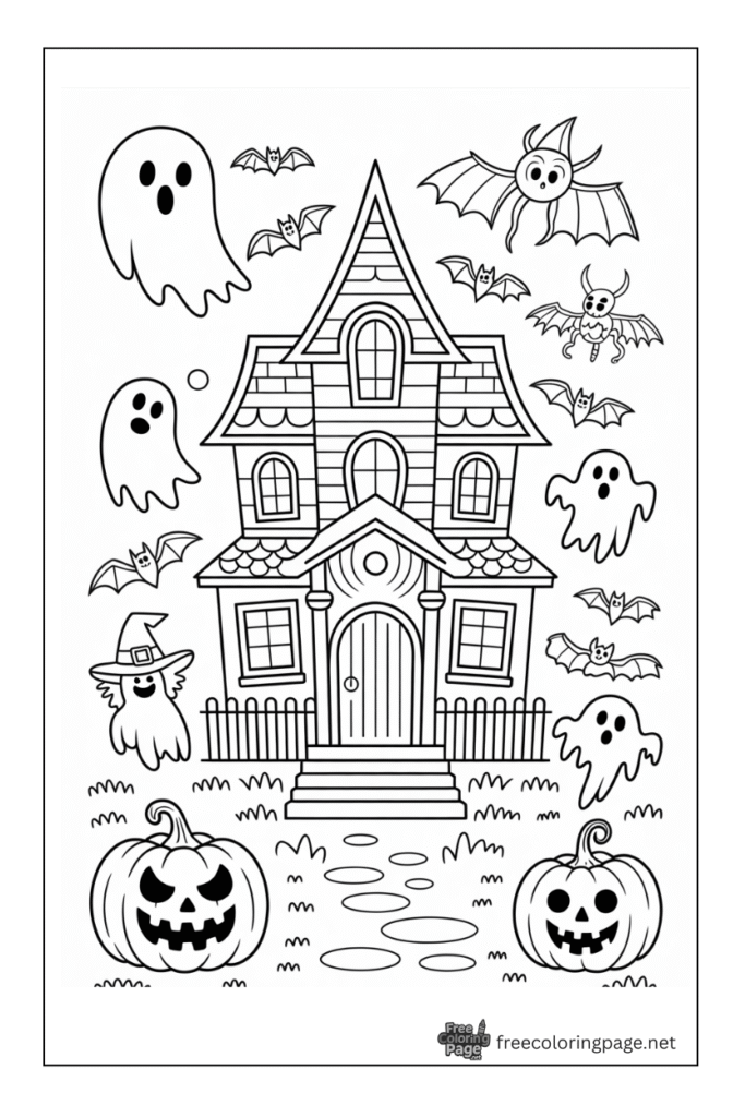 halloween coloring page bat haunted house and pumpkin