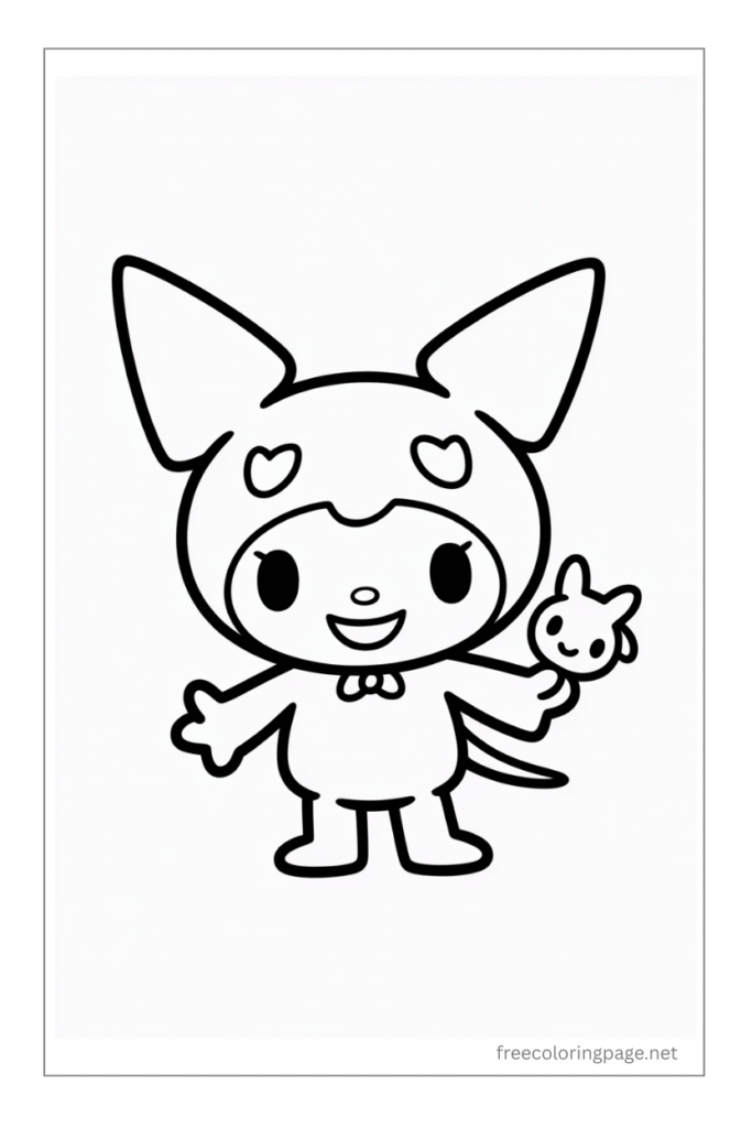 coloring page of kurromi with toy in hand