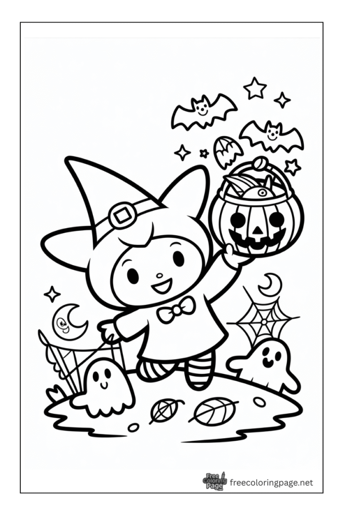 coloring page of kuromi halloween with pumpkin and ghost