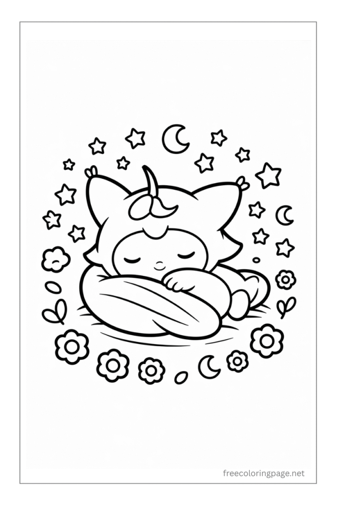 coloring page of kuromi sleepy with star night