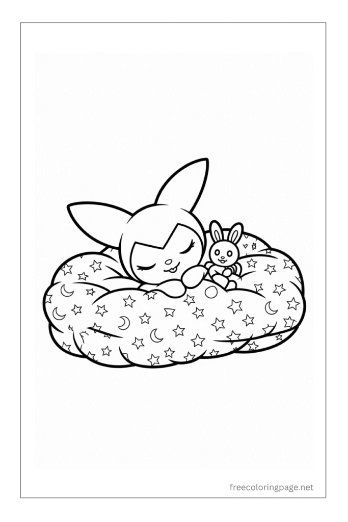 coloring page of kuromi sleeping with her toy