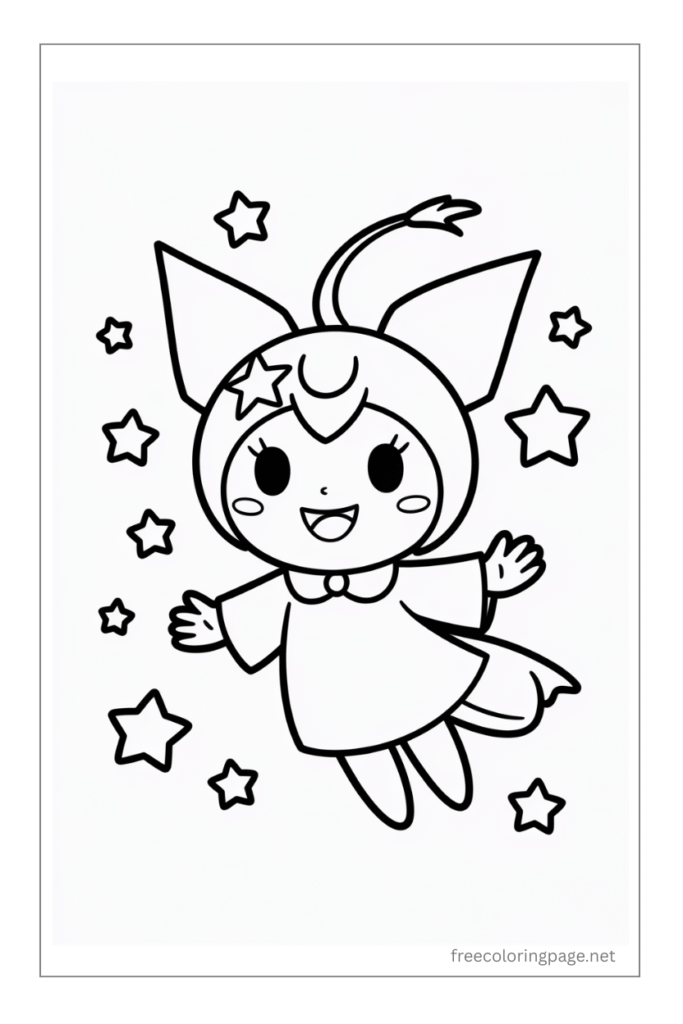 coloring page of kurromi with starry background