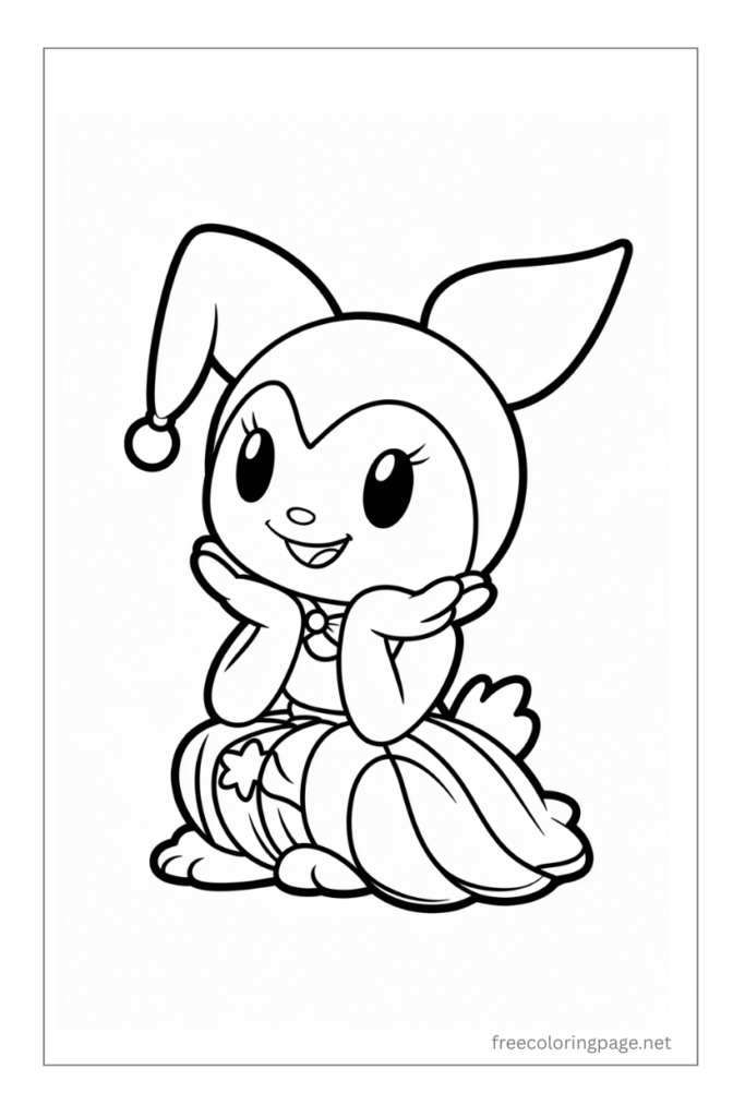 coloring page of kurromi sitting with hands on chin