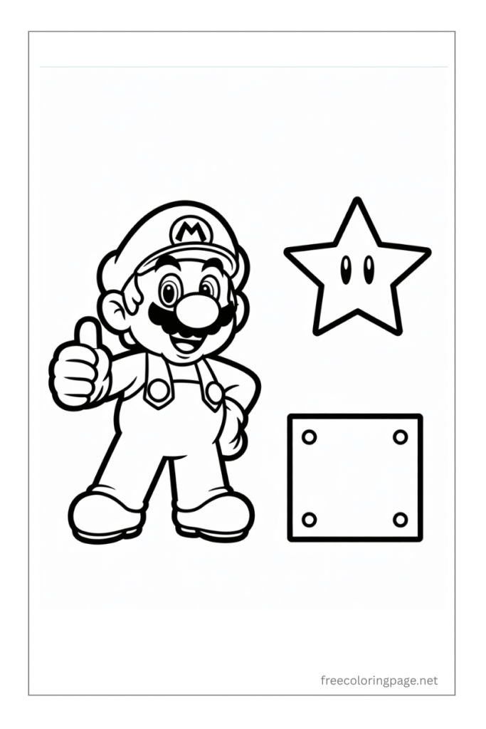coloring page of mario thumbs up with star and box
