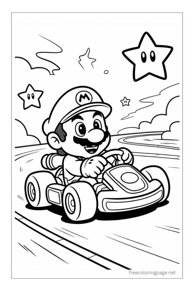 mario kart with star background coloring page