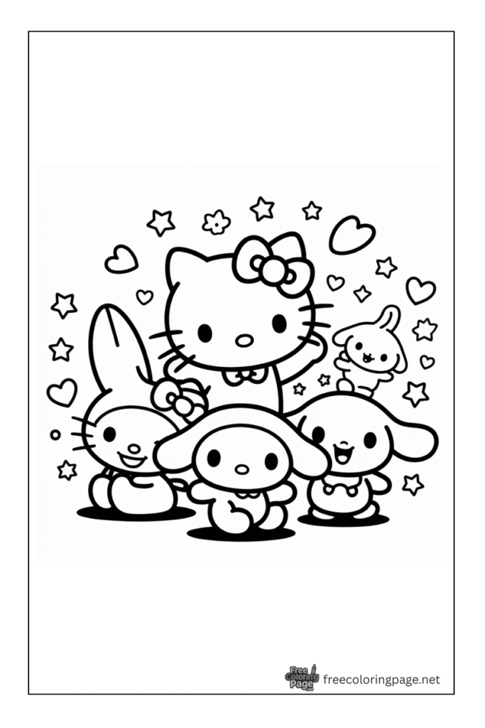 coloring page of kuromi my melody cinnamoroll and hello kitty
