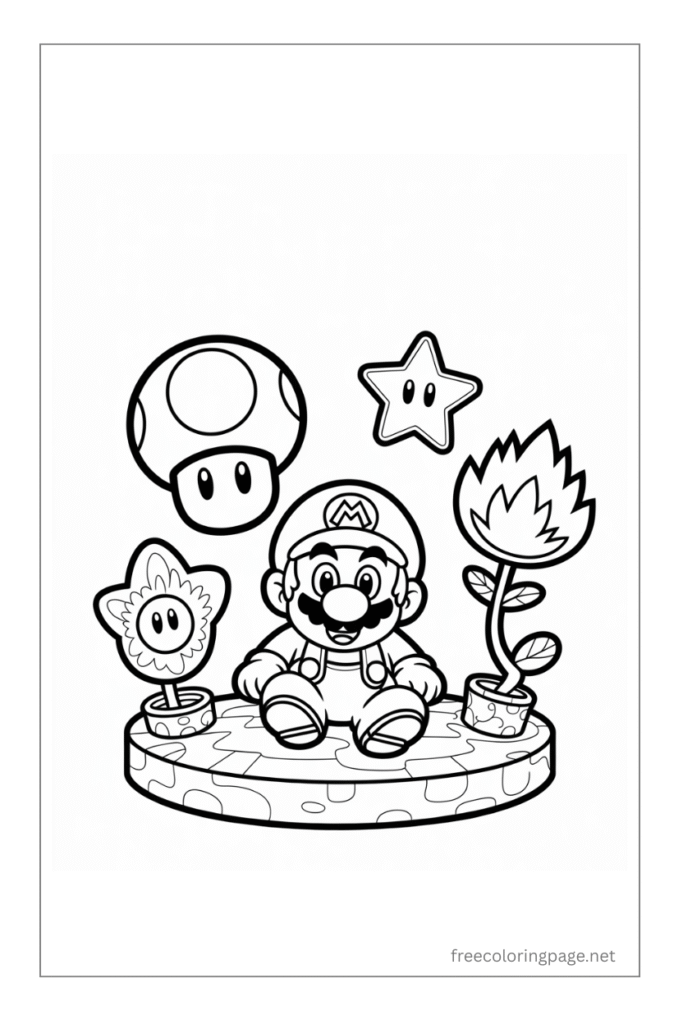 mario flower star mushroom coloring page