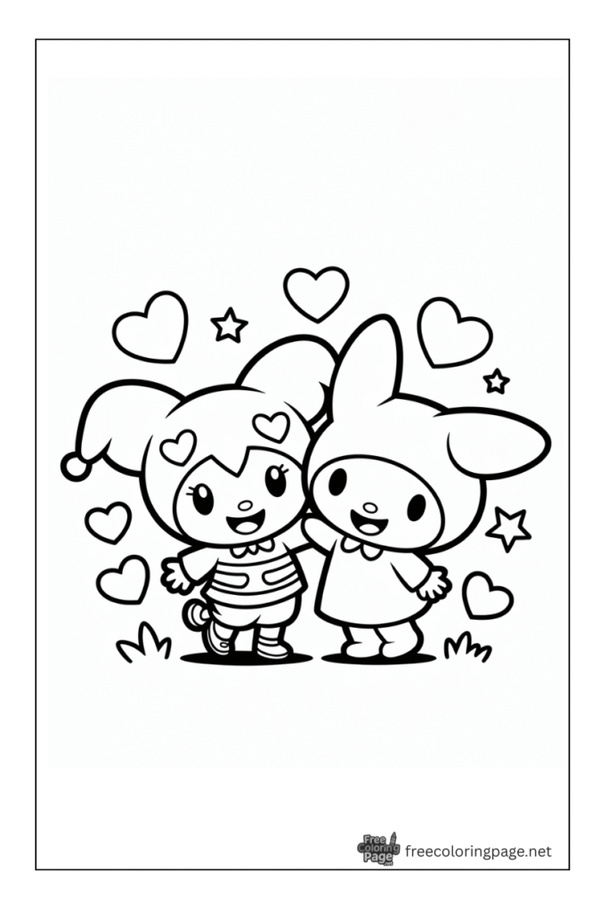 coloring page of kuromi and my melody friends