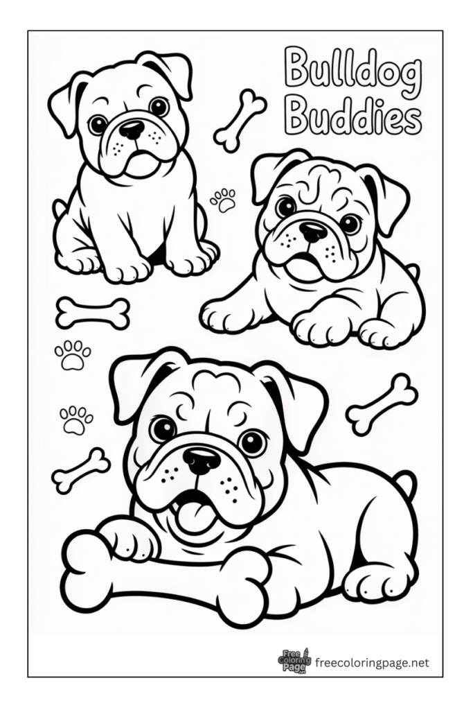 coloring page of bulldog with bones