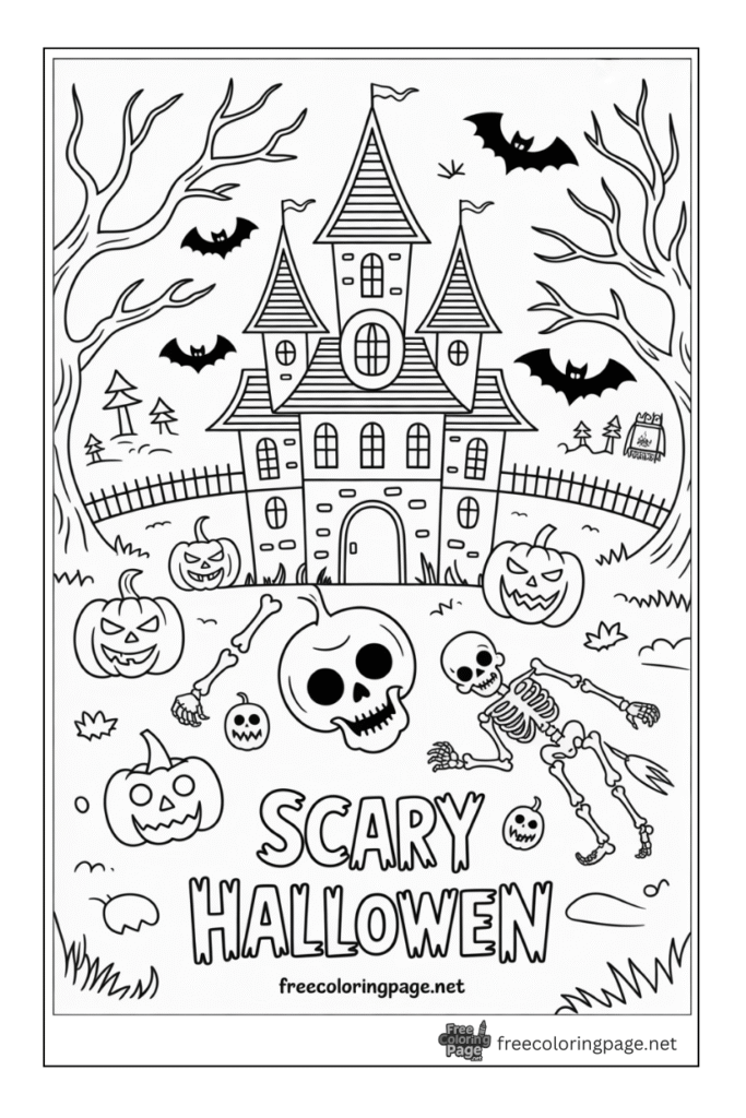 halloween coloring page scary skeleton skull pumpkin house