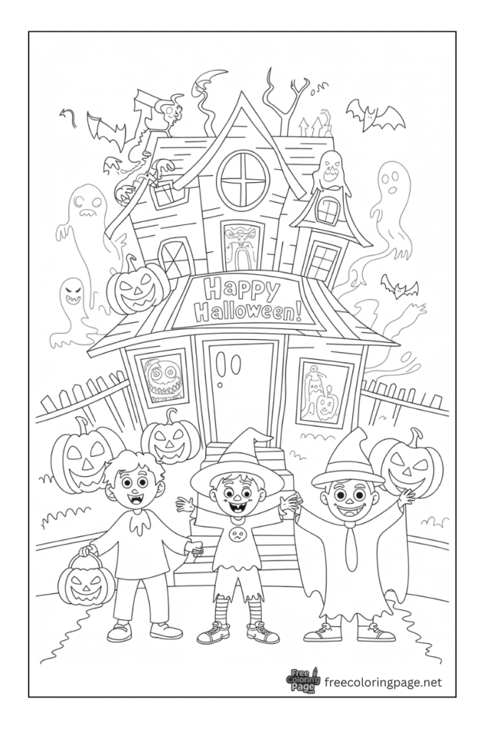 halloween coloring page bats haunted house and man with pumpkin
