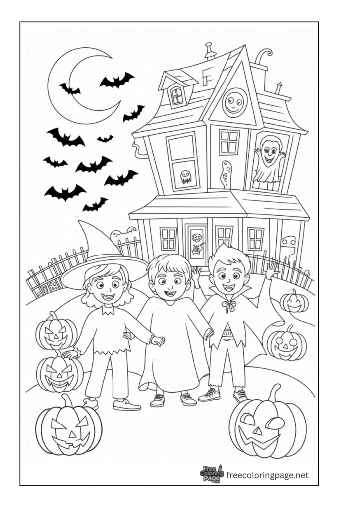 halloween coloring page bats haunted house and pumpkin