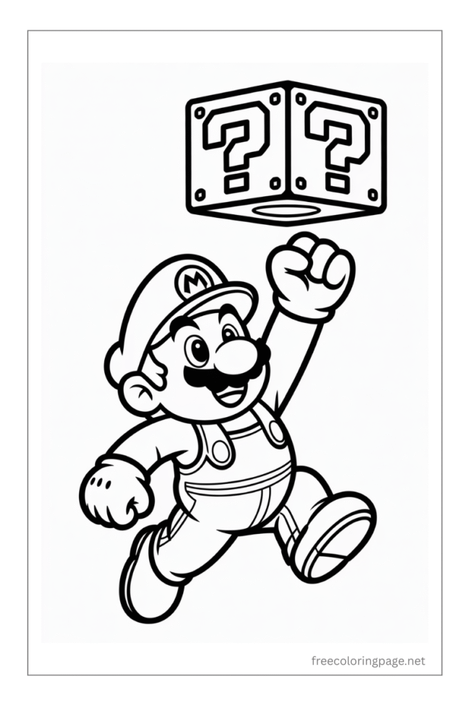 coloring page of mario with question mark box running
