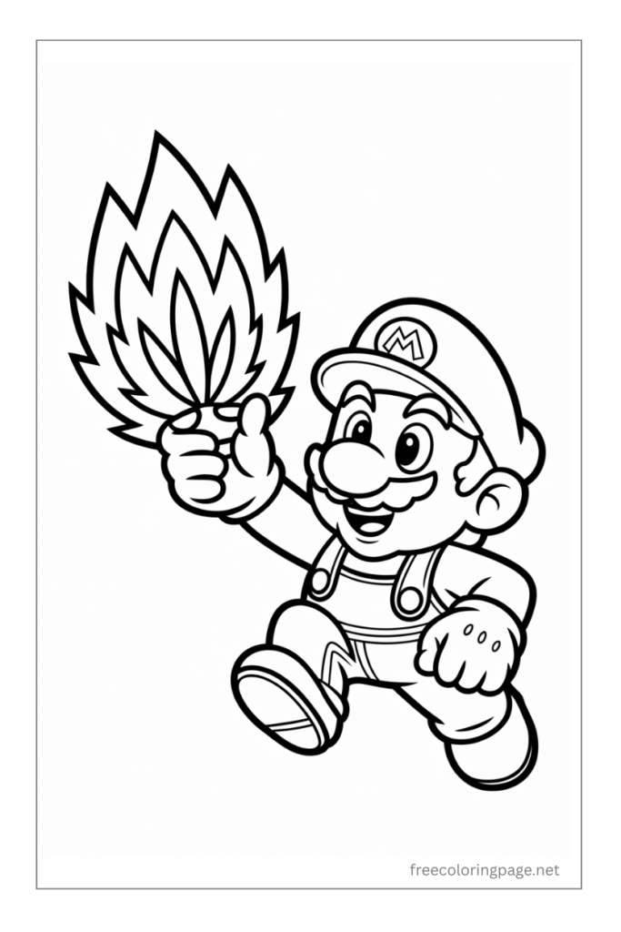 coloring page of mario running with fire in hand