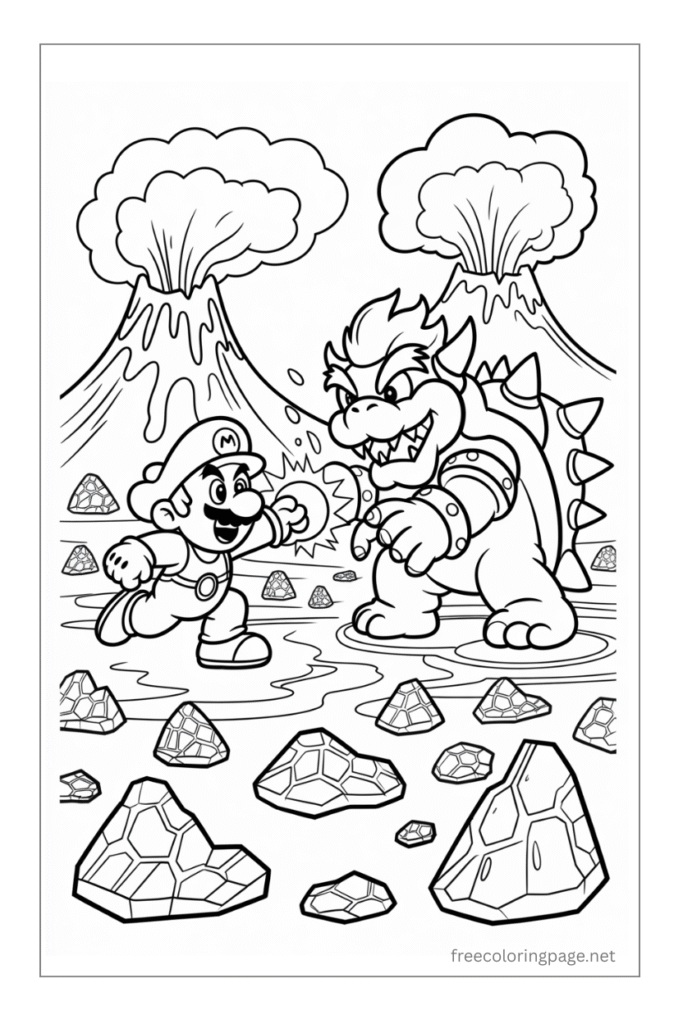 coloring pages of mario and bowser with fire in background