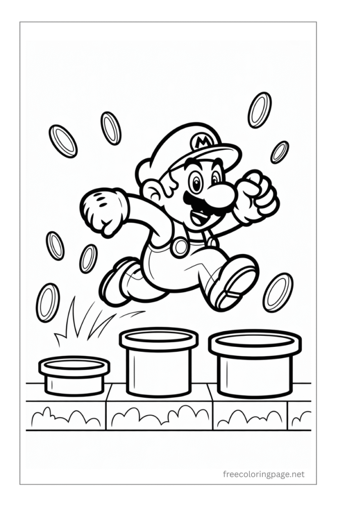 coloring page of super mario running on pipes