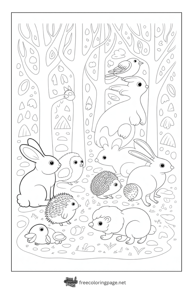 coloring page of winter forest animals