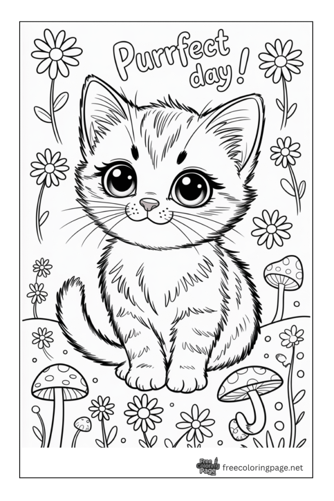 coloring page of anime cat sitting in garden with flower and mushroom